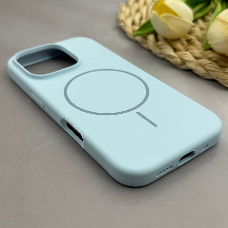 قاب گوشی iPhone 16 Pro max آیفون سیلیکونی اورجینال پاک کنی مگ سیف دار Magsafe درجه یک زیربسته آبی روشن